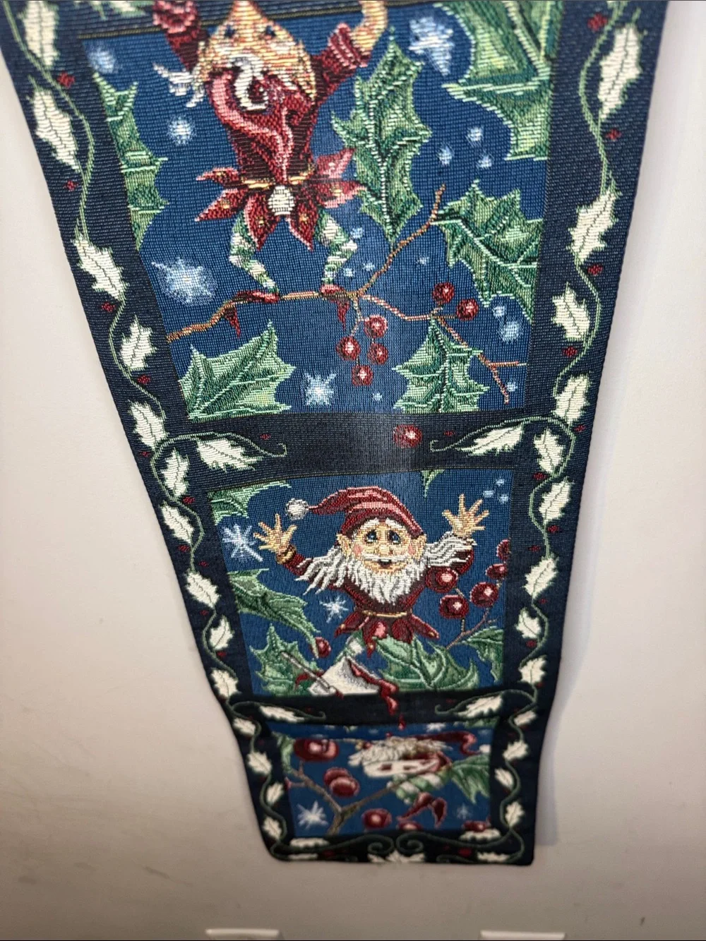 Holiday Elf Tapestry Runner - Navy and Red Christmas Decor 8x41